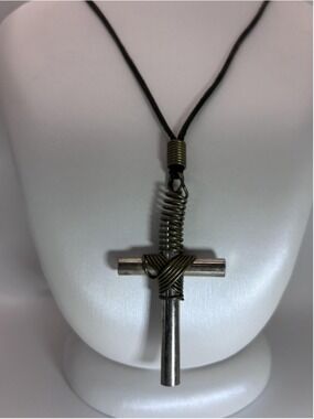 Necklace Silver Tone Cross Pendant Wire Wrapped Black Cord Hook Clasp Religious